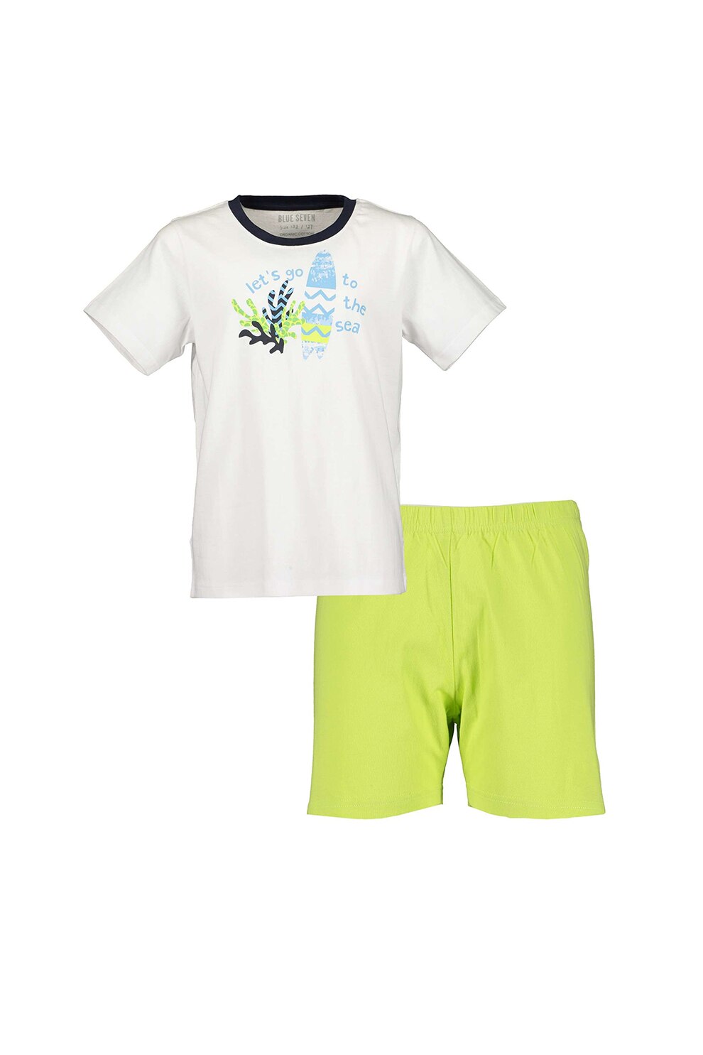 Blue Seven, Pijama scurta cu imprimeu text, Alb/Verde lime