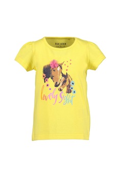 Blue Seven, Tricou cu decolteu la baza gatului si imprimeu grafic, Galben/Negru/Roz, 92 CM Blue Seven, Tricou cu decolteu la baza gatului si imprimeu grafic, Galben/Negru/Roz, 92 CM