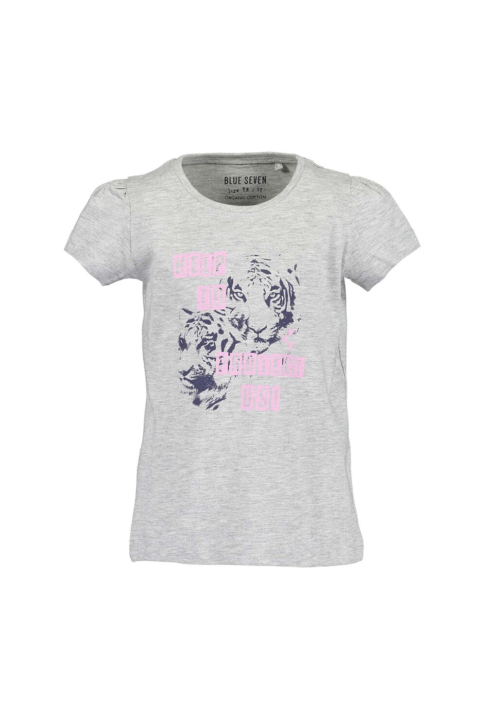 Blue Seven, Tricou cu decolteu la baza gatului si imprimeu grafic, Gri melange/Negru/Roz