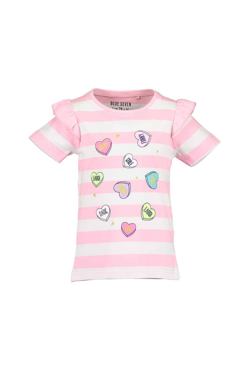 Blue Seven, Tricou cu decolteu la baza gatului, dungi si inimi, Roz/Alb, 92 CM