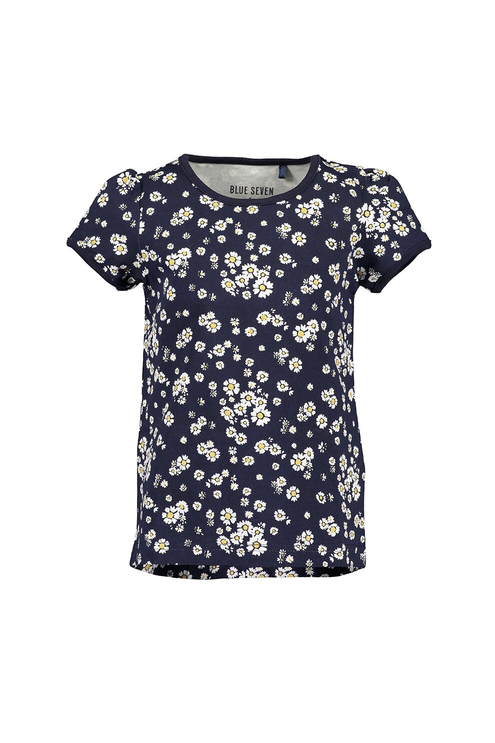 Blue Seven, Tricou cu decolteu la baza gatului si imprimeu, bleumarin inchis, alb