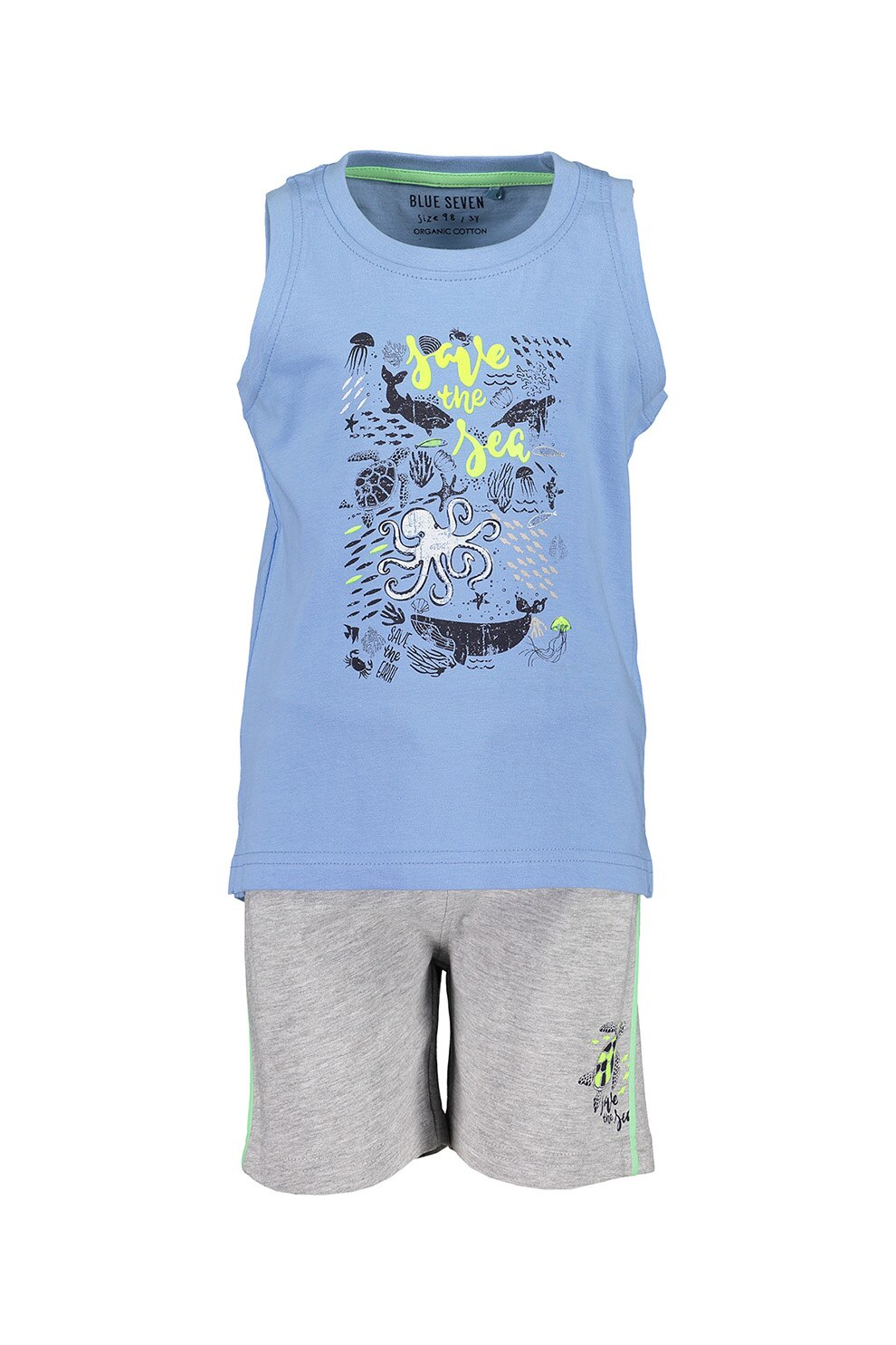 Blue Seven, Set de top si pantaloni scurti, cu imprimeu marin, Albastru/Gri melange