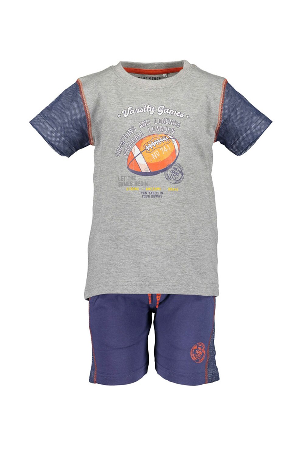 Blue Seven, Set 2 piese cu tricou si pantaloni scurti, baieti, cu imprimeu grafic, Bleumarin/Gri melange, 92 CM