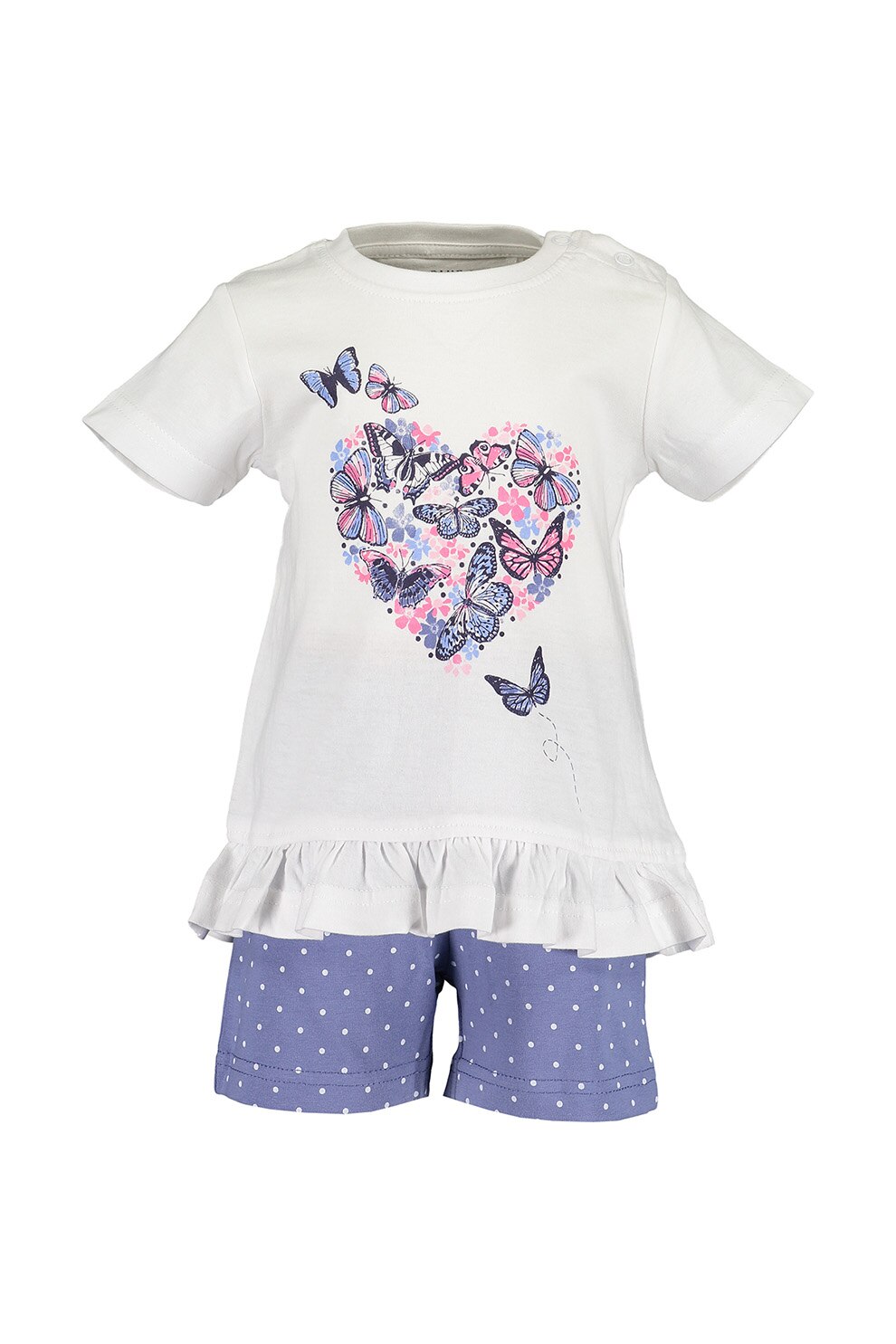 Blue Seven, Set de tricou si pantaloni scurti, 2 piese, fete, cu imprimeu buline si fluturasi, Alb/Albastru lavanda