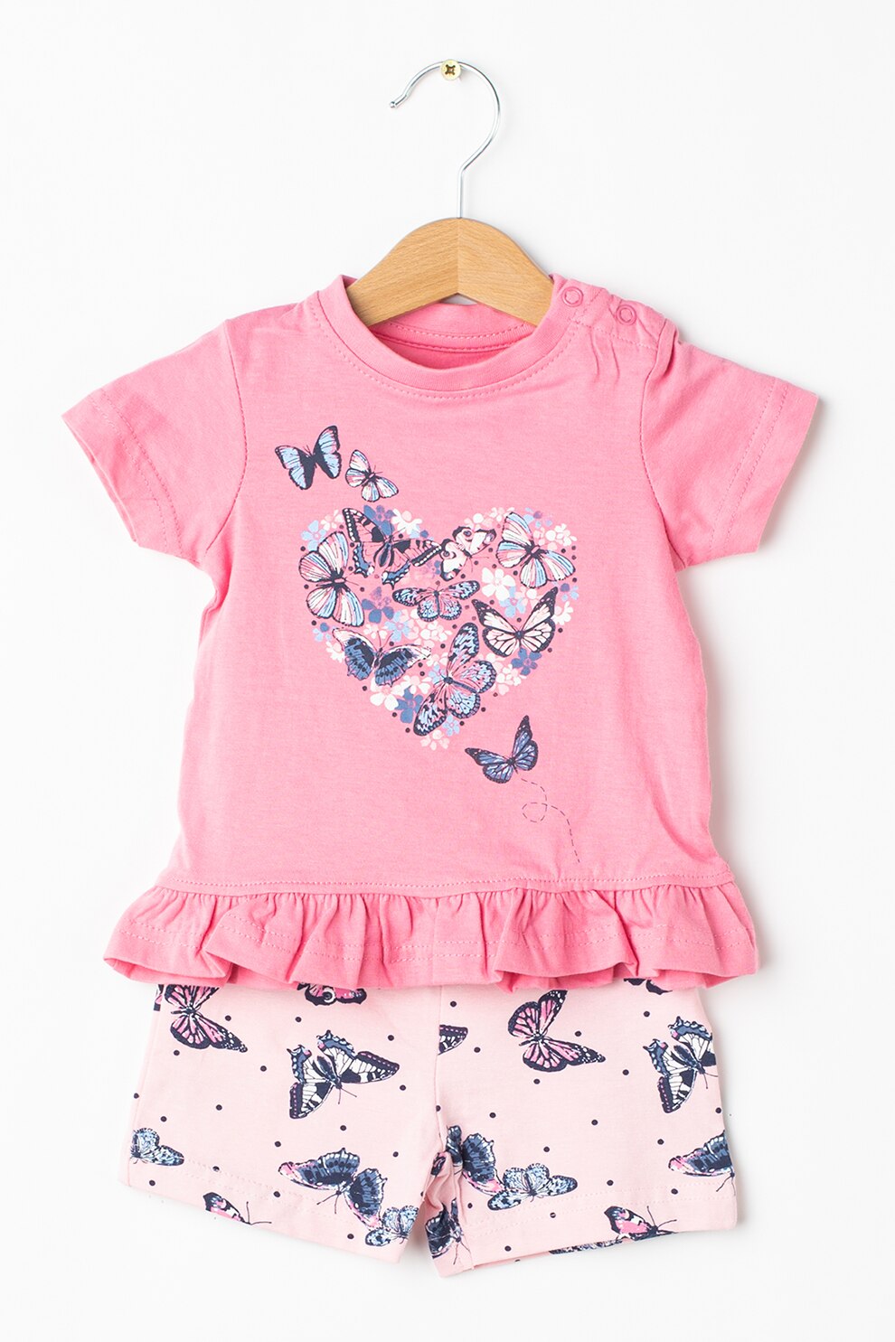 Blue Seven, Set de tricou si pantaloni scurti, 2 piese, fete, cu imprimeu buline si fluturasi, Roz/Bleumarin/Alb