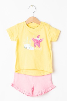Blue Seven, Set de tricou cu imprimeu grafic si pantaloni scurti, 2 piese, fete, Galben pai/Roz pastel/Albastru aquamarin Blue Seven, Set de tricou cu imprimeu grafic si pantaloni scurti, 2 piese, fete, Galben pai/Roz pastel/Albastru aquamarin