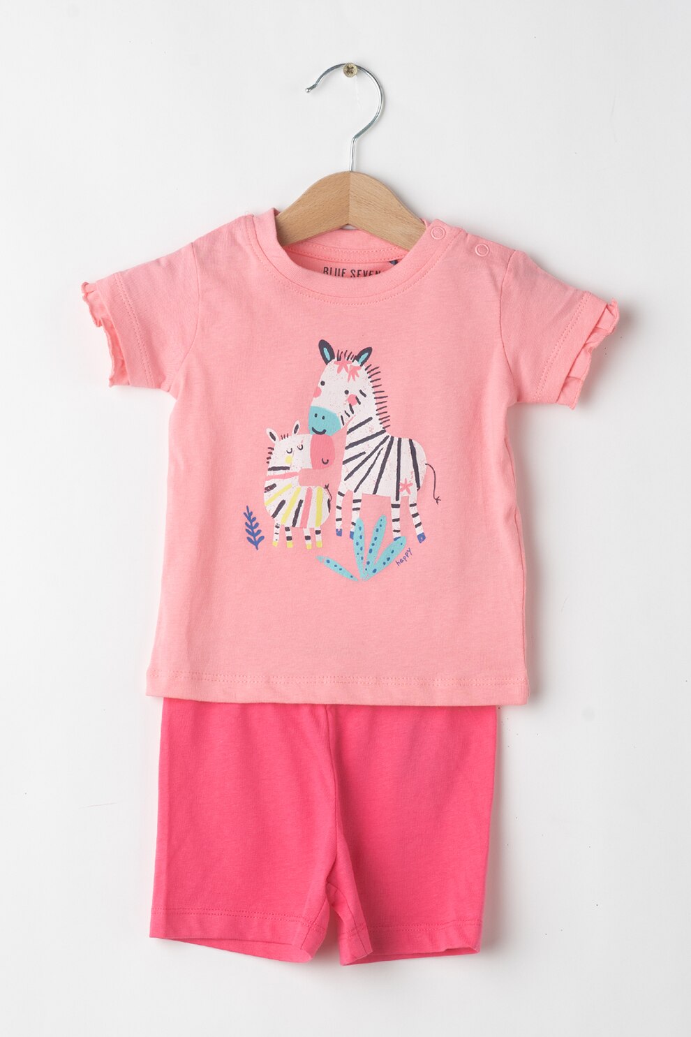 Blue Seven, Set de tricou si pantaloni scurti, 2 piese, fete, imprimeu zebre, Roz/Albastru aquamarin/Bleumarin