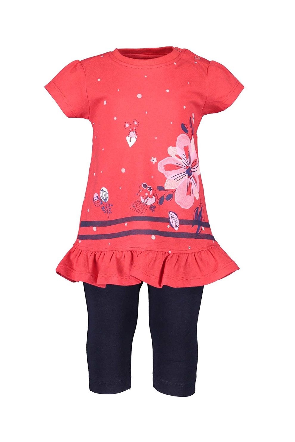 Blue Seven, Set de tricou si pantaloni, 2 piese, fete, cu volane, cu imprimeu, Corai/Bleumarin inchis