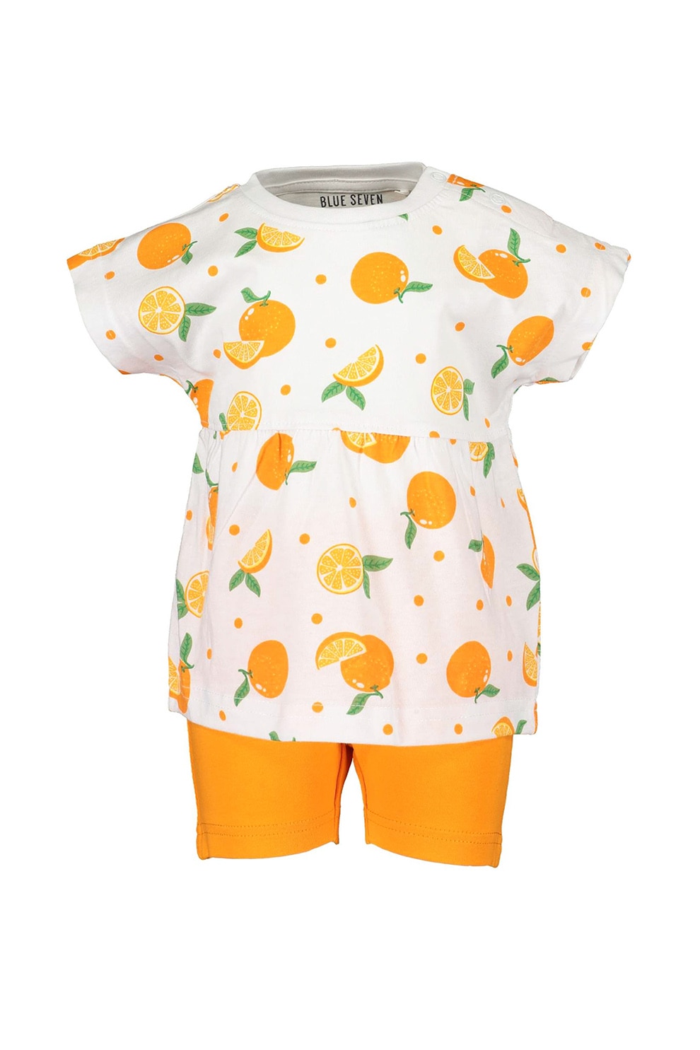 Blue Seven, Set de tricou si pantaloni scurti, 2 piese, fete, cu imprimeu fructe, Oranj/Alb/Verde, Oranj/alb/verde