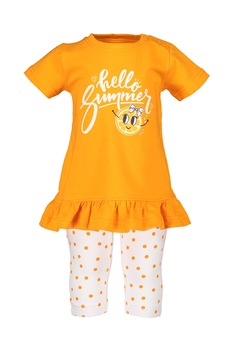 Blue Seven, Set de tricou si colanti, 2 piese, fete, cu imprimeu text si buline, Oranj/Alb, Oranj/Alb Blue Seven, Set de tricou si colanti, 2 piese, fete, cu imprimeu text si buline, Oranj/Alb, Oranj/Alb