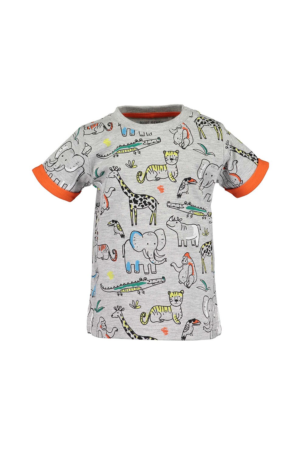 Blue Seven, Tricou cu decolteu la baza gatului si imprimeu, Gri melange/Oranj/Albastru