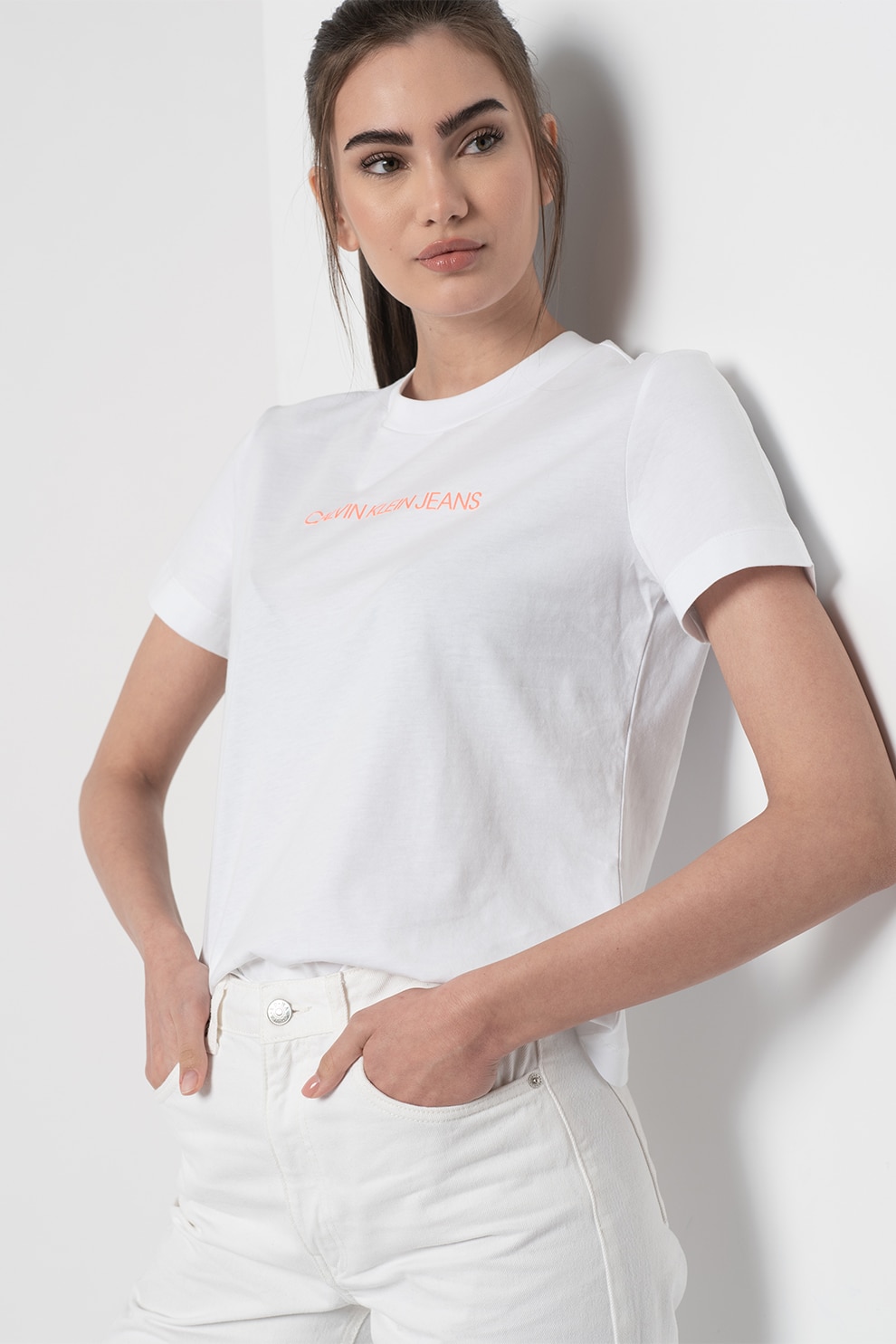 CALVIN KLEIN JEANS, Tricou de bumbac organic cu imprimeu logo discret, Alb