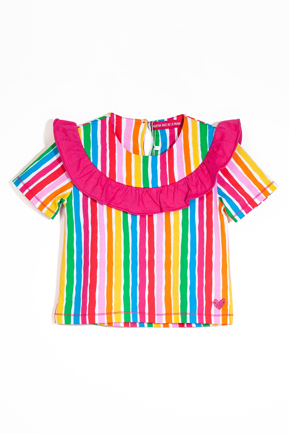 Agatha Ruiz de la Prada, Tricou cu decolteu la baza gatului si model cu dungi verticale, Fuscia/Albastru/Alb