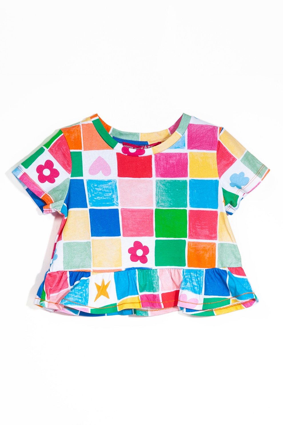 Agatha Ruiz de la Prada, Tricou cu decolteu la baza gatului si model in carouri, Alb/Albastru/Verde, 164 CM