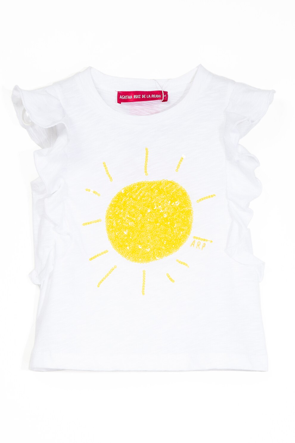 Agatha Ruiz de la Prada, Tricou cu volane si aplicatii de paiete, Alb/Galben sofran, 92 CM