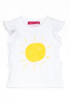 Agatha Ruiz de la Prada, Tricou cu volane si aplicatii de paiete, Alb/Galben sofran, 92 CM Agatha Ruiz de la Prada, Tricou cu volane si aplicatii de paiete, Alb/Galben sofran, 92 CM