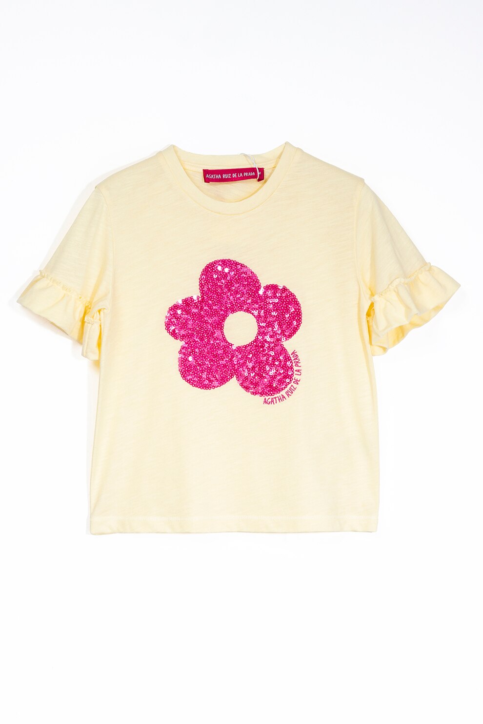 Agatha Ruiz de la Prada, Tricou cu decolteu la baza gatului si aplicatie cu paiete, Galben pal/fucsia