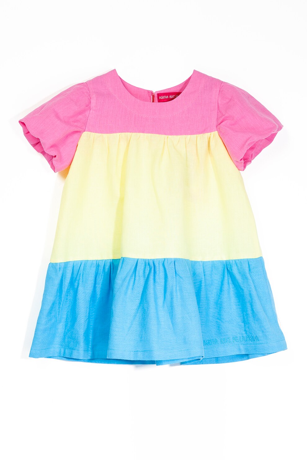 Agatha Ruiz de la Prada, Rochie evazata din amestec de in cu model colorblock, Roz/Galben pal/Albastru lavanda