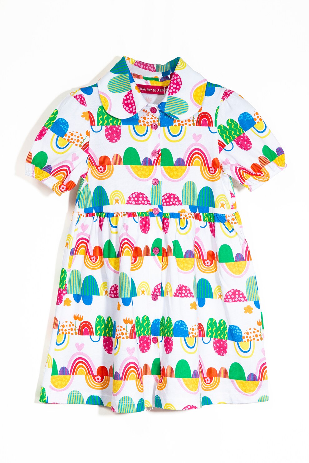 Agatha Ruiz de la Prada, Rochie cu nasturi si model grafic, Alb/Verde/Galben