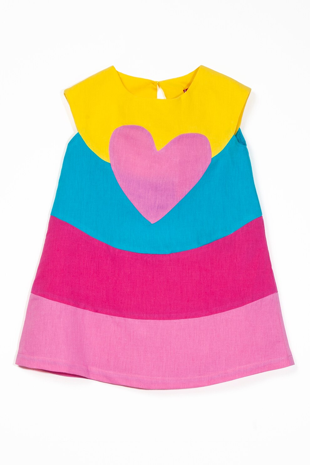 Agatha Ruiz de la Prada, Rochie din amestec de in cu model cu inimi, Galben sofran/Bleu/Roz, 164 CM