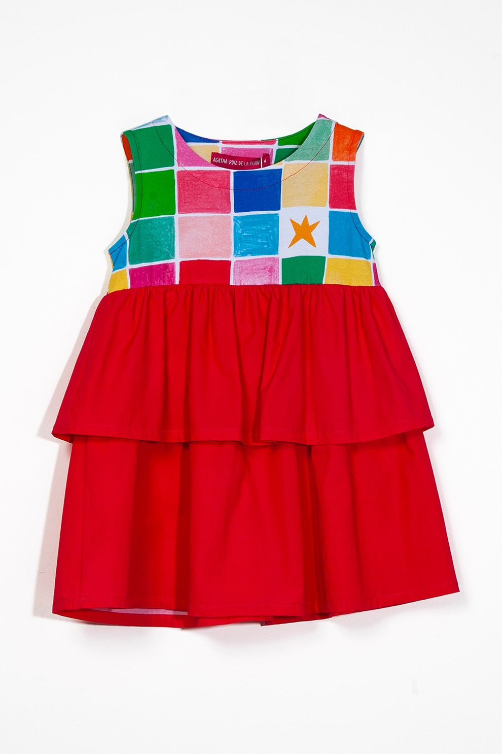 Agatha Ruiz de la Prada, Rochie combi cu volane si imprimeu in carouri, Rosu inchis/Albastru/Verde