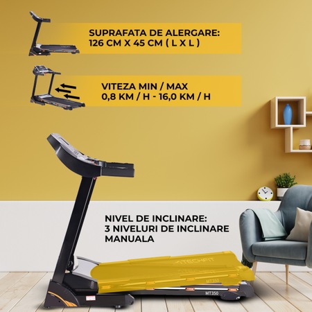 Banda alergare TECHFIT MT350, motor 2CP, viteza 0.8-16 km/h, Bluetooth+App, inclinare manuala, greutate maxima utilizator 120kg