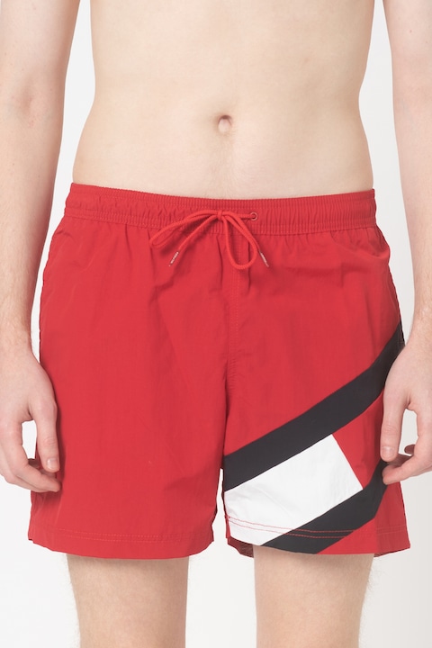 Tommy Hilfiger, Плувни шорти по тялото с лого, Червен