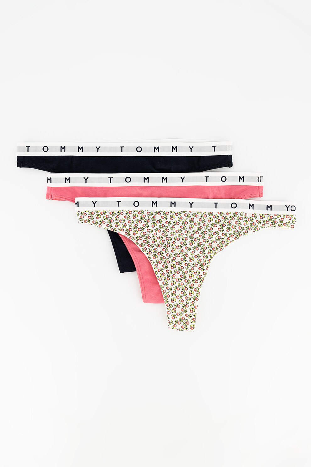 Tommy Hilfiger, Set de chiloti tanga din amestec de bumbac organic - 3 perechi, Roz/Bleumarin/Verde