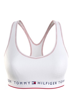 Tommy Hilfiger, Bustiera de bumbac organic cu banda logo, Alb/Bleumarin/Rosu Tommy Hilfiger, Bustiera de bumbac organic cu banda logo, Alb/Bleumarin/Rosu