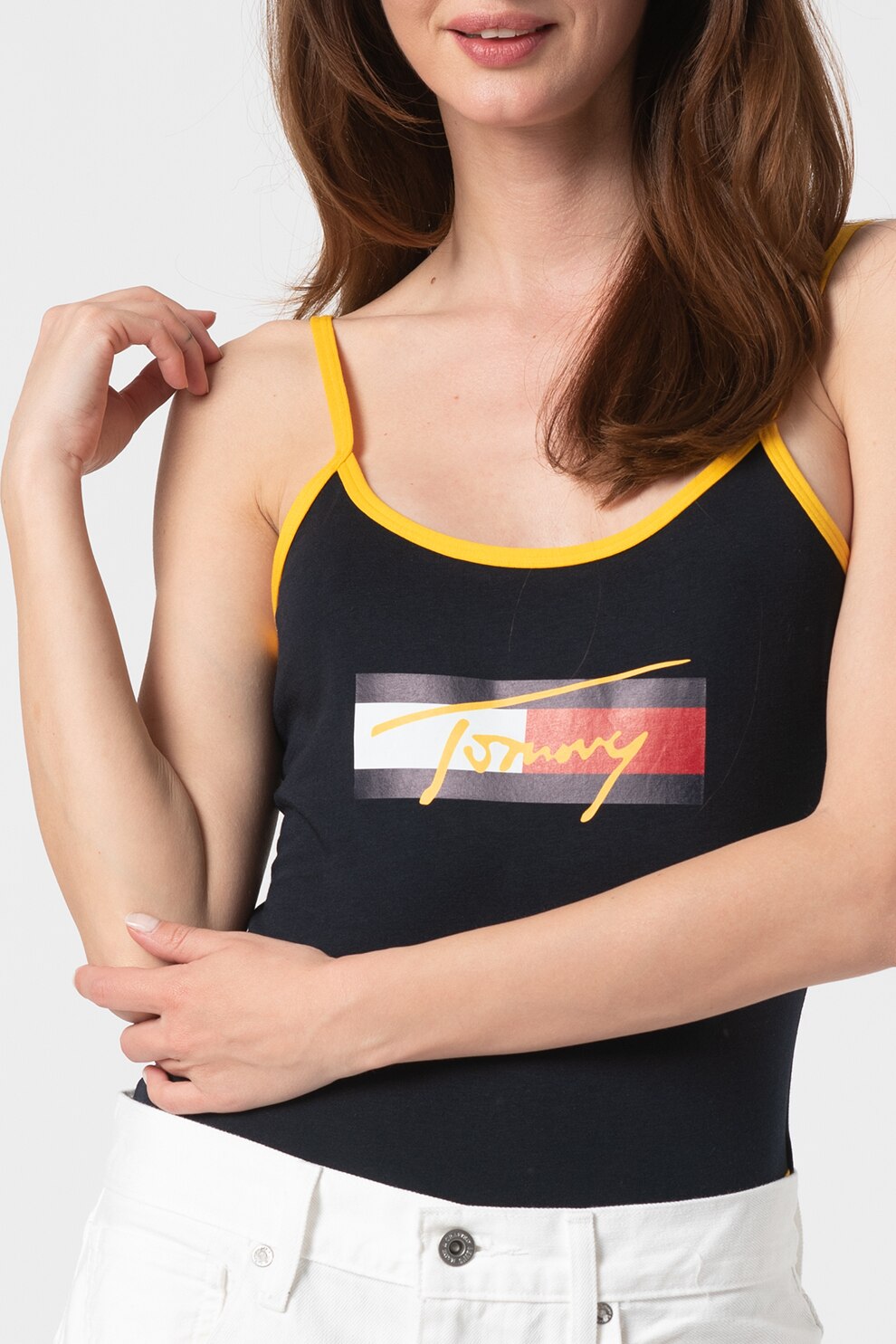 Tommy Hilfiger, Top tip body cu imprimeu logo, Bleumarin inchis/Galben/Alb