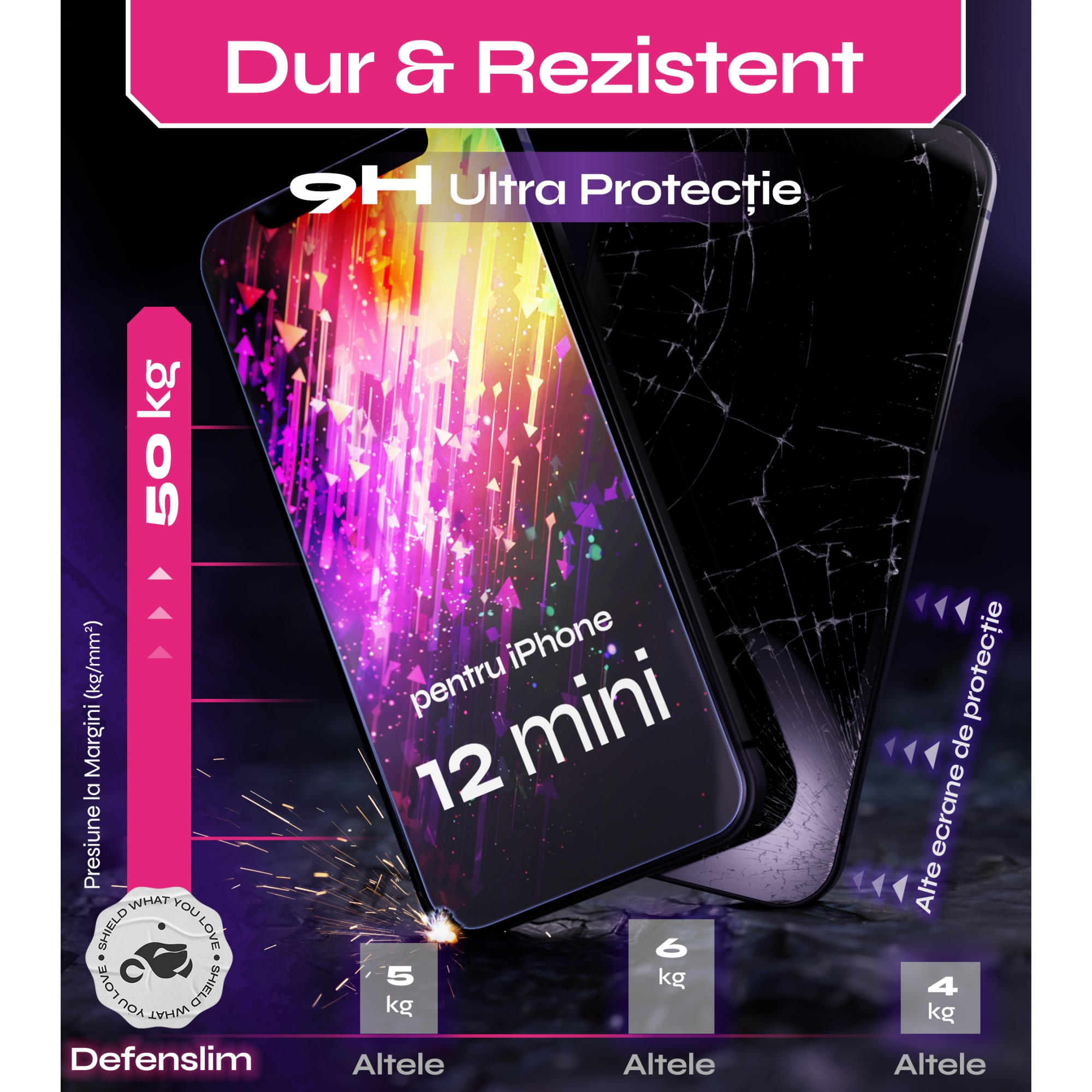 Folie sticla compatibil cu iPhone 12 Mini, set 2 buc, DefenSlim, instalare usoara si rapida cu dispozitiv de potrivire automata in 30 sec cu Easy Install Kit patentat, protectie telefon