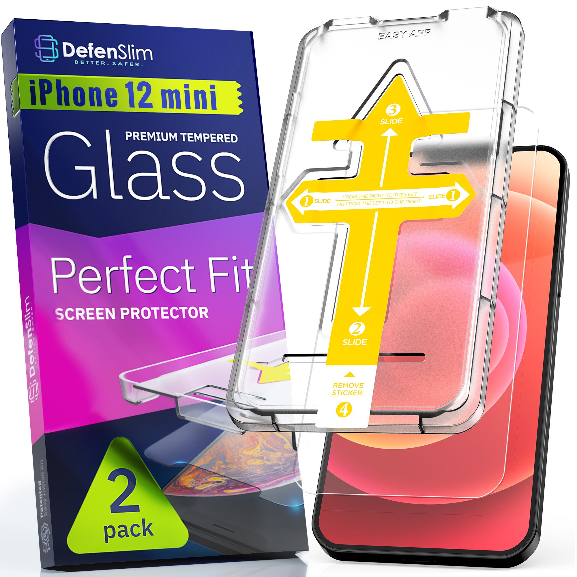Folie sticla iPhone 12 Mini, set 2 buc, DefenSlim, instalare usoara si rapida cu dispozitiv de potrivire automata in 30 sec cu Easy Install Kit patentat, protectie telefon