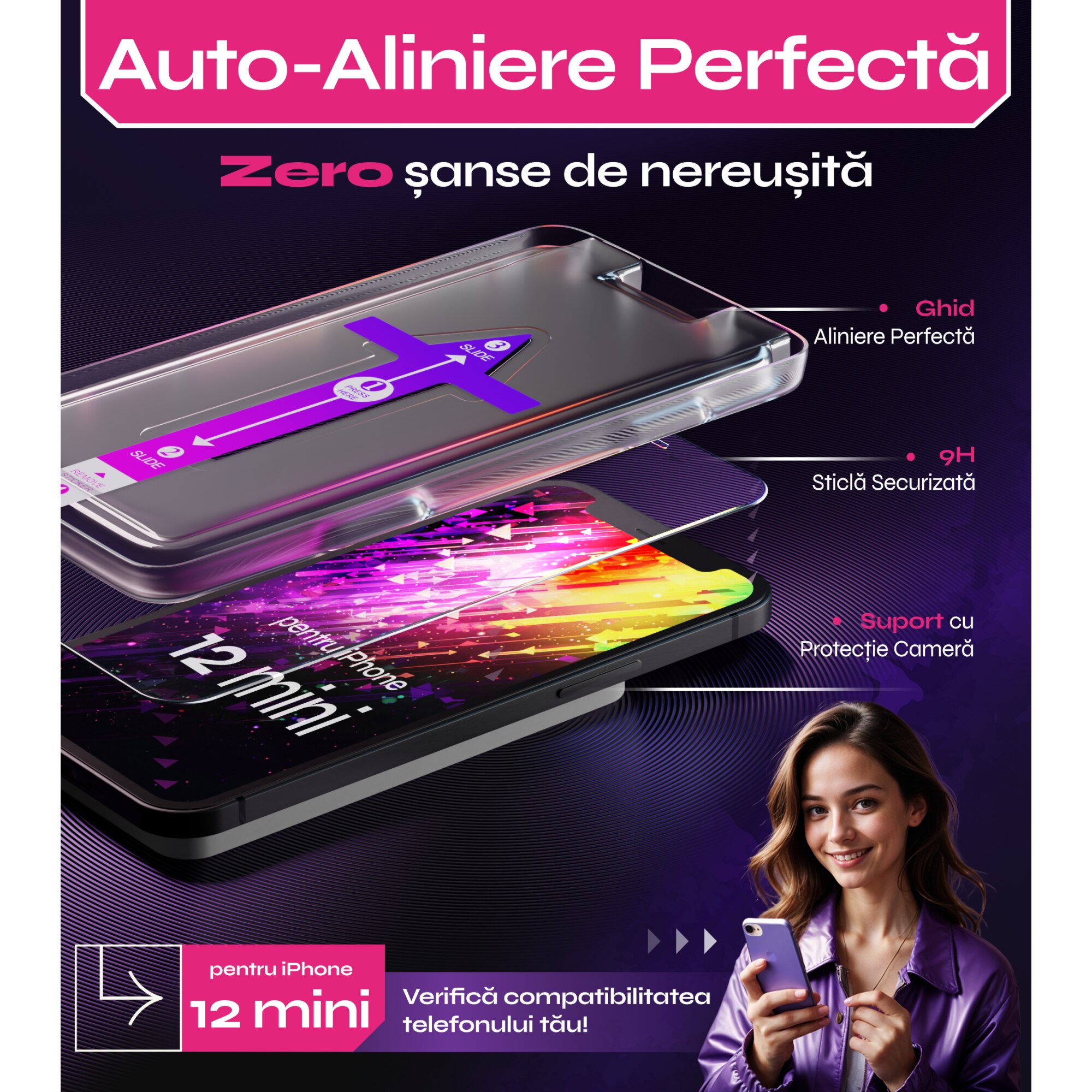 Folie sticla compatibil cu iPhone 12 Mini, set 2 buc, DefenSlim, instalare usoara si rapida cu dispozitiv de potrivire automata in 30 sec cu Easy Install Kit patentat, protectie telefon