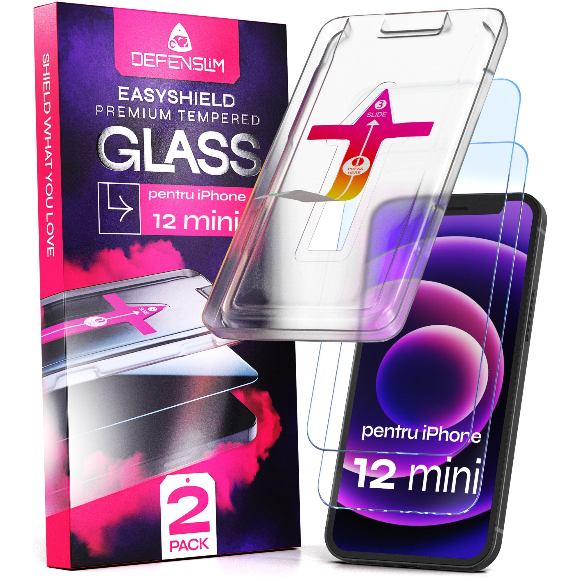 Folie sticla compatibil cu iPhone 12 Mini, set 2 buc, DefenSlim, instalare usoara si rapida cu dispozitiv de potrivire automata in 30 sec cu Easy Install Kit patentat, protectie telefon