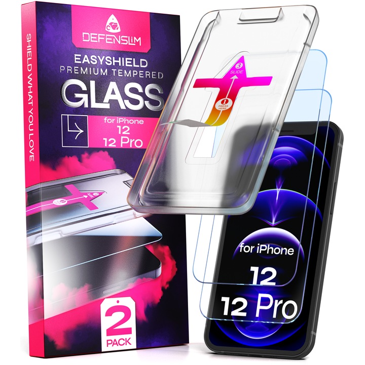 Folie sticla compatibil cu iPhone 12 / 12 Pro, set 2 buc, DefenSlim, instalare usoara si rapida cu dispozitiv de potrivire automata in 30 sec cu Easy Install Kit patentat, protectie telefon