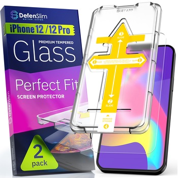 Folie sticla iPhone 12 / 12 Pro, set 2 buc, DefenSlim, instalare usoara si rapida cu dispozitiv de potrivire automata in 30 sec cu Easy Install Kit patentat, protectie telefon Folie sticla iPhone 12 / 12 Pro, set 2 buc, DefenSlim, instalare usoara si rapida cu dispozitiv de potrivire automata in 30 sec cu Easy Install Kit patentat, protectie telefon