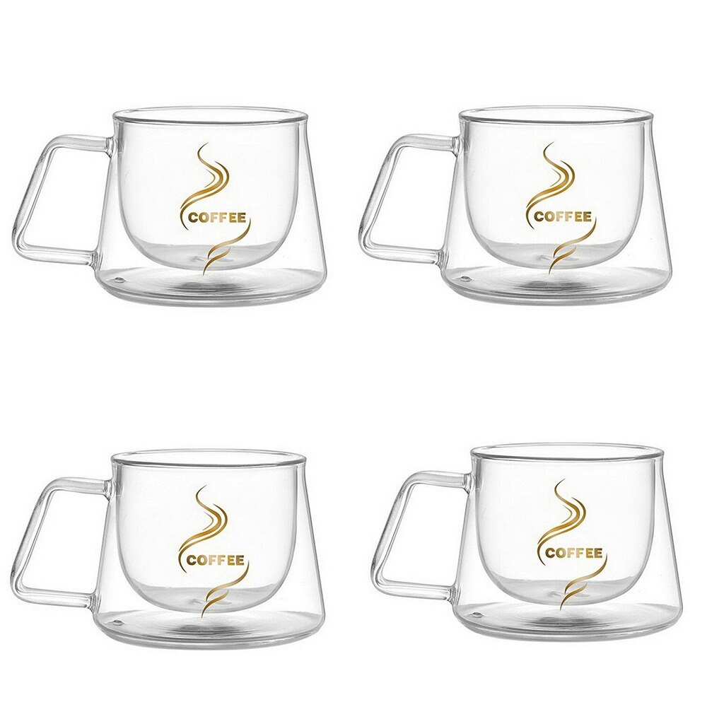 Set 4 cesti cafea, Quasar & Co., 200 ml, din sticla cu pereti dubli, termorezistenta, mesaj COFFEE, d 7.8 x h 7 cm