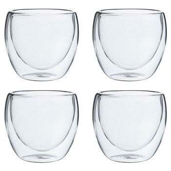 Set 4 pahare din sticla cu pereti dubli, Quasar & Co., 250 ml, termorezistente, design modern, h 9 cm, d 8 cm Set 4 pahare din sticla cu pereti dubli, Quasar & Co., 250 ml, termorezistente, design modern, h 9 cm, d 8 cm