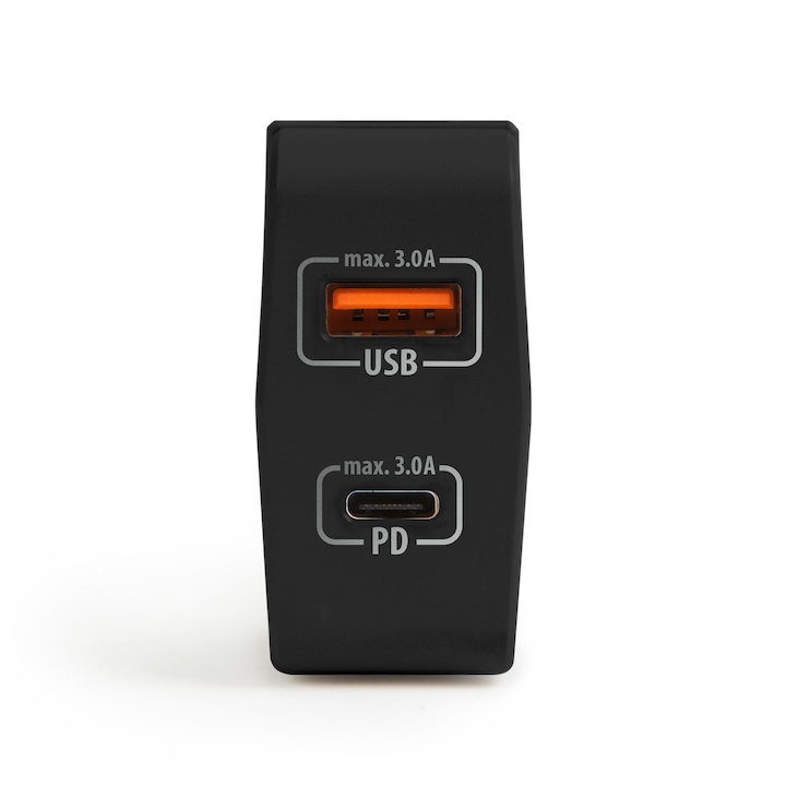 Adaptor de retea Delight, USB + Type-C, PD18W cu incarcare rapida, plastic, 80g, negru, 98 x 56 x 25 mm