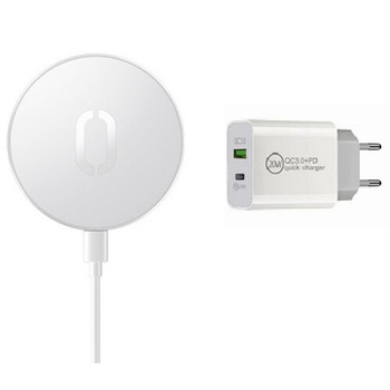 Incarcator wireless Magsafe Charger 15W si adaptor priza 20W compatibil cu Iphone seria 12/13 , Alb Incarcator wireless Magsafe Charger 15W si adaptor priza 20W compatibil cu Iphone seria 12/13 , Alb