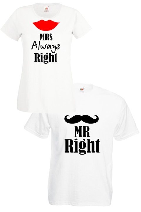 Комплект тениски Fruit of the Loom Mr. Right & Mrs. Always Right 13021286, бели, дамска M и мъжка L