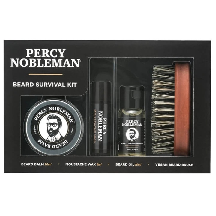 Percy Nobleman Survival Kit Комплект за грижа за брадата, с масло за брада, вакса за брада, балсам за брада, четка за брада
