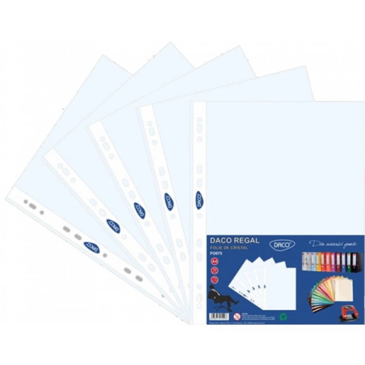 Set Folii de Protectie Documente DACO Regal, 50 Buc, A4, Margine Multiperforata pentru Arhivare