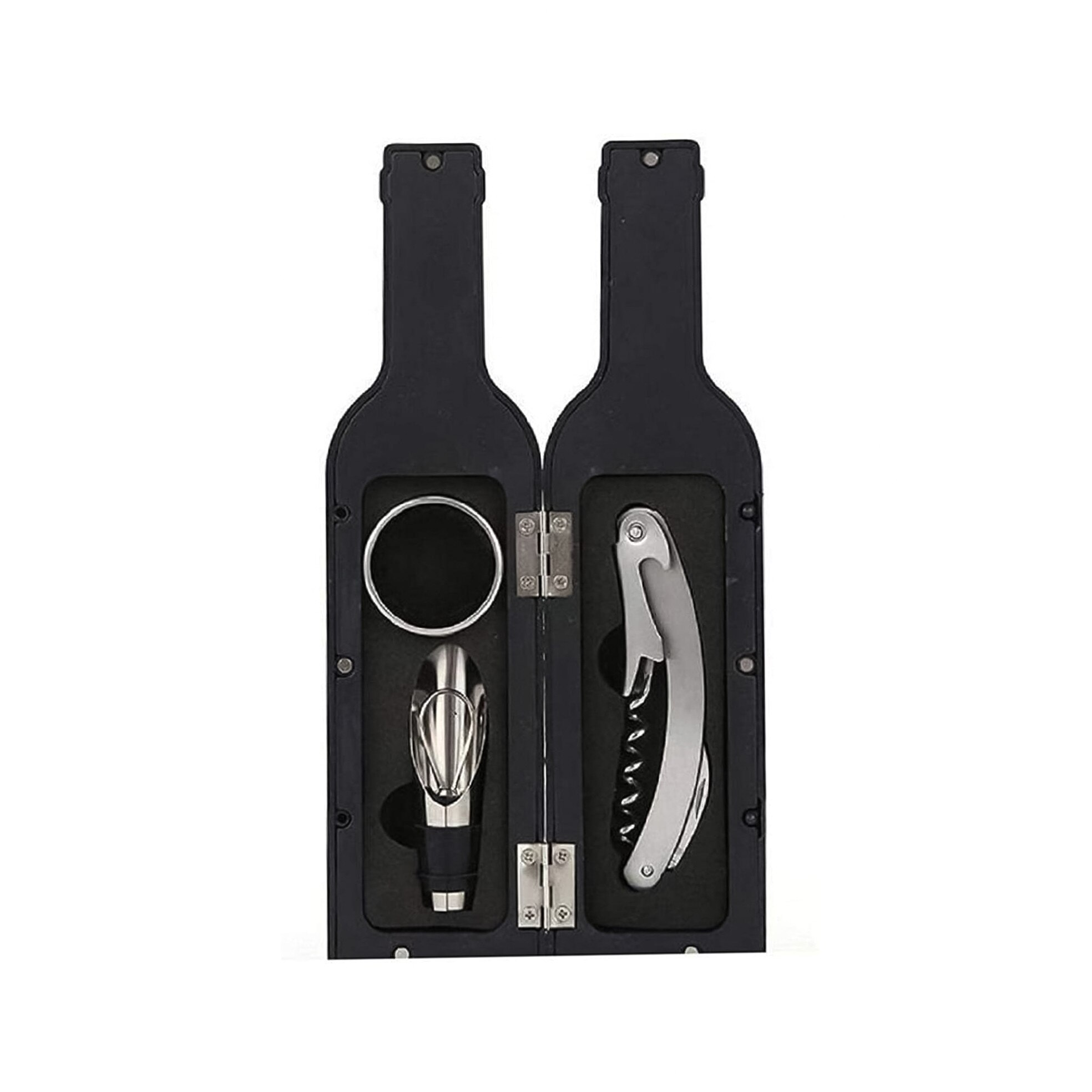 Set accesorii pentru vin Mini WineToolsBottle, 3 accesorii incluse,in forma sticla de vin,material fin, placut la atingere,prindere cu magneti,design modern,25 cm negru,doty