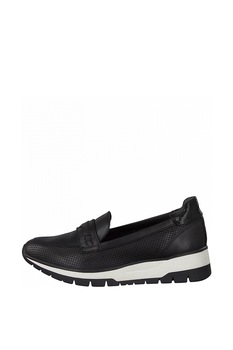 Tamaris, Pantofi loafer de piele si piele ecologica, cu perforatii, Negru, 40 Tamaris, Pantofi loafer de piele si piele ecologica, cu perforatii, Negru, 40
