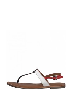 Tamaris, Sandale de piele cu bareta separatoare si logo metalic, Bleumarin/Alb/Rosu, 39 Tamaris, Sandale de piele cu bareta separatoare si logo metalic, Bleumarin/Alb/Rosu, 39