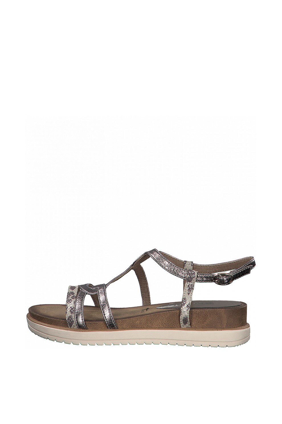 Tamaris, Sandale wedge de piele ecologica, Argintiu inchis/maro, 40