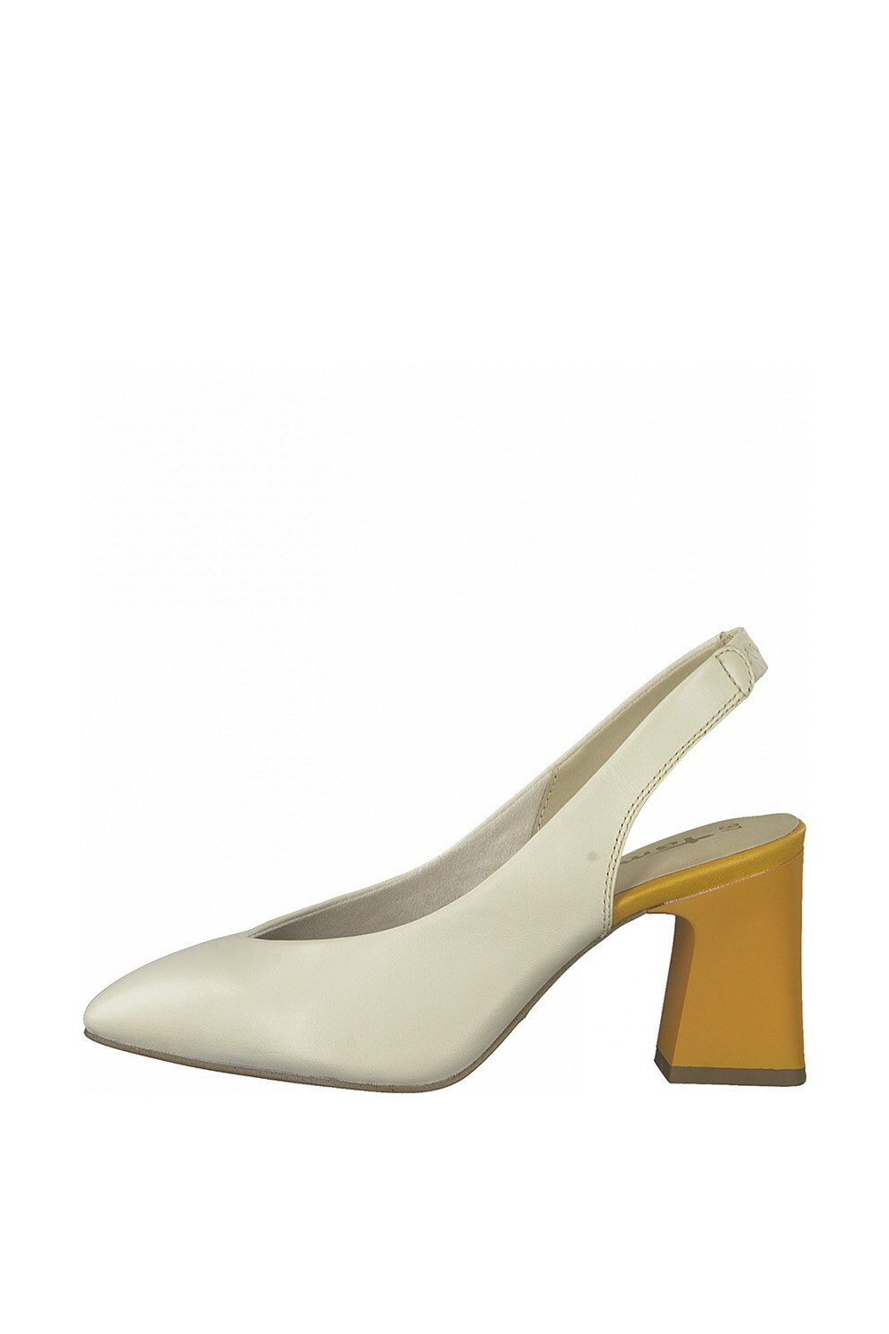 Tamaris, Pantofi slingback de piele cu toc masiv, Alb prafuit/Galben sofran, 36