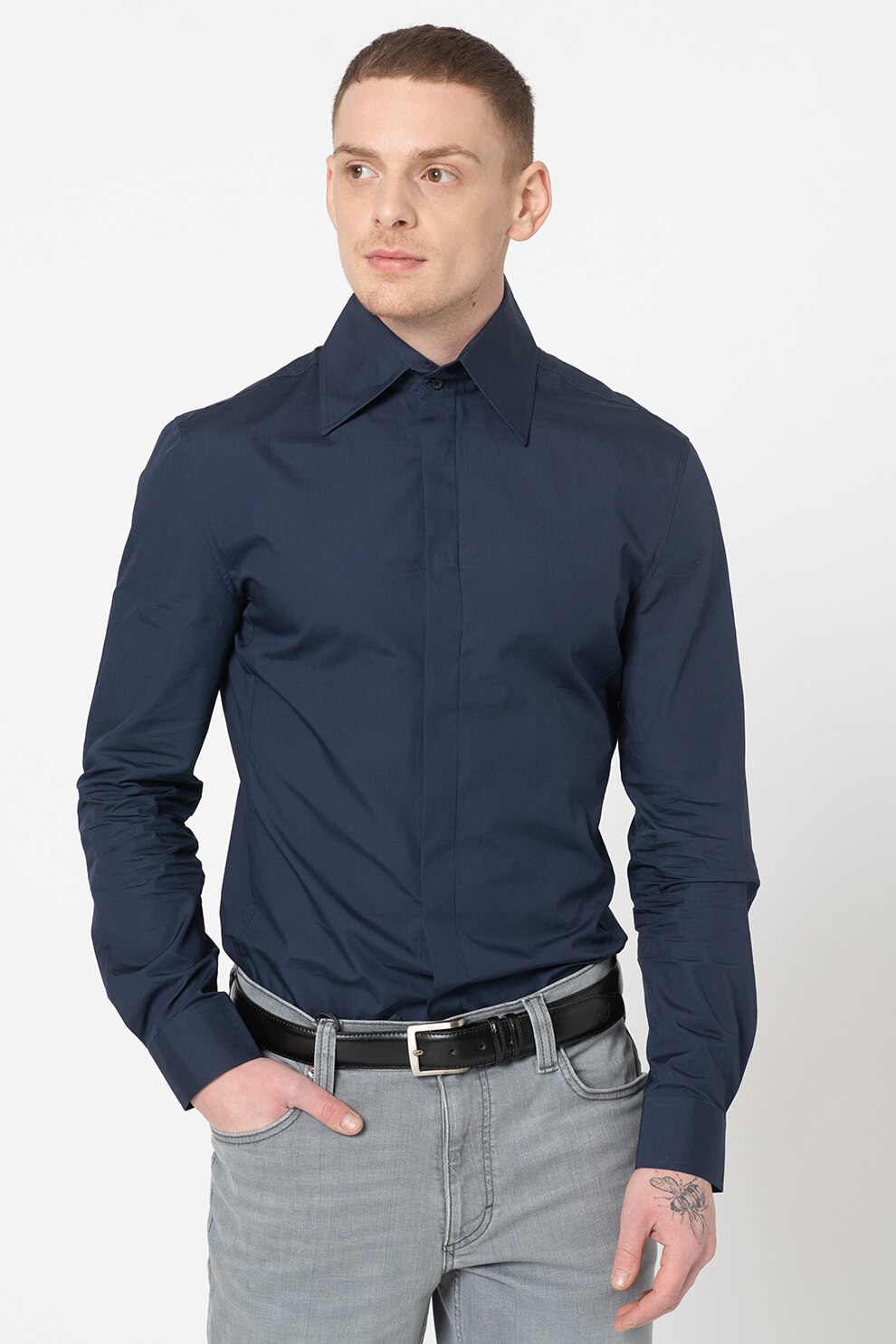 Karl Lagerfeld, Camasa de bumbac cu guler lat, Bleumarin