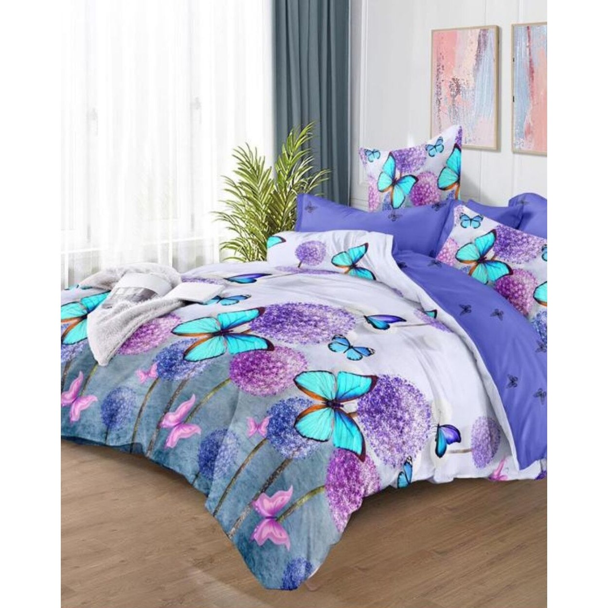 Set Lenjerie Finet, Cearceaf de Pat cu Elastic, 6 Piese, Pat 2 Persoane, Fluturi Turcoaz